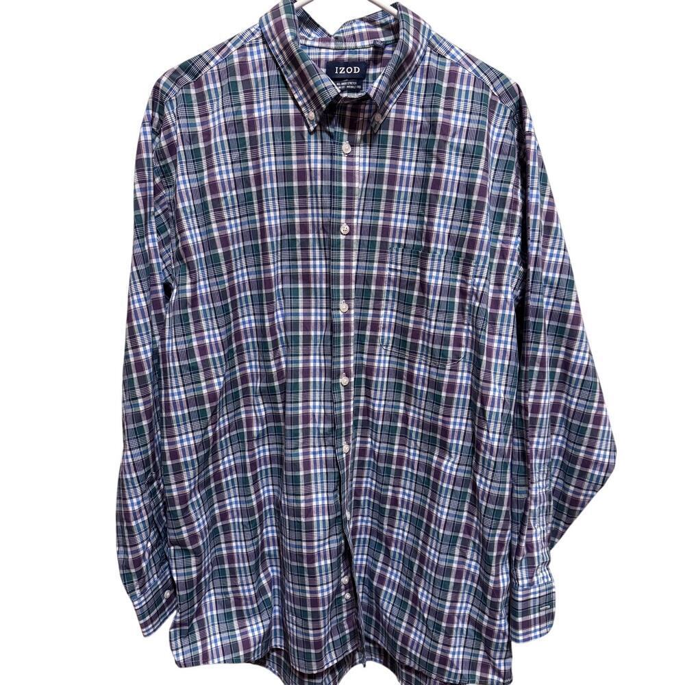 Izod Men's Button Down Plaid Long Sleeve Dress Shirt Blue Purple White Sz XL